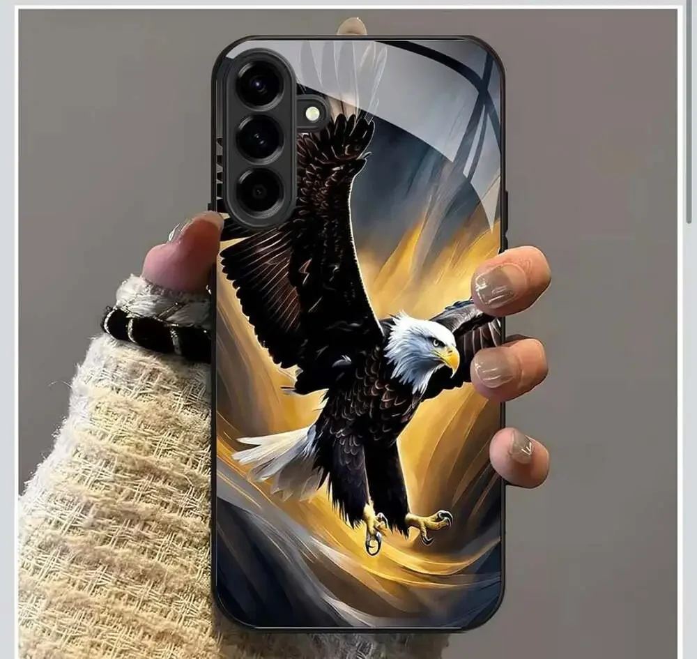 Eagle Tempered Glass Phone Case with Golden Lightning Wings Design